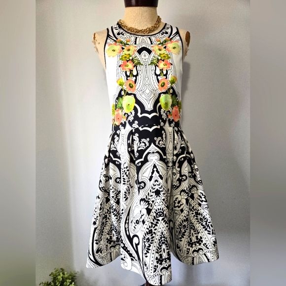 JUICY COUTURE Black and White Print With Peach,Green Floral Sleeveless Dress. 8 - Picture 1 of 12
